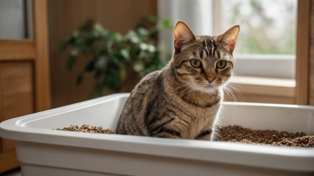 Stock_Photography_A_cat_curiously_explores_its_litter_box_whic_1 Katze neugierig vor der Katzentoilette