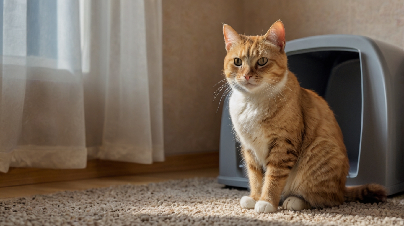 Katze erkundet ihre Katzentoilette