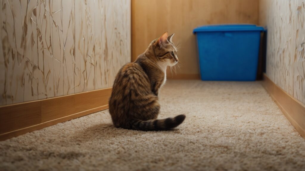 Stock_Photography_Eine_Katze_erkundet_A_cat_sits_near_its_litt_3 Katze in der Nähe ihrer Katzentoilette