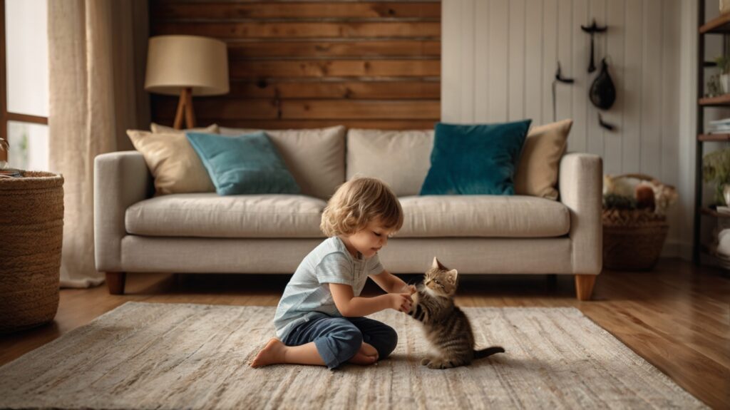 Katze und Kind sitzen zusammen – friedliches Zusammenleben.