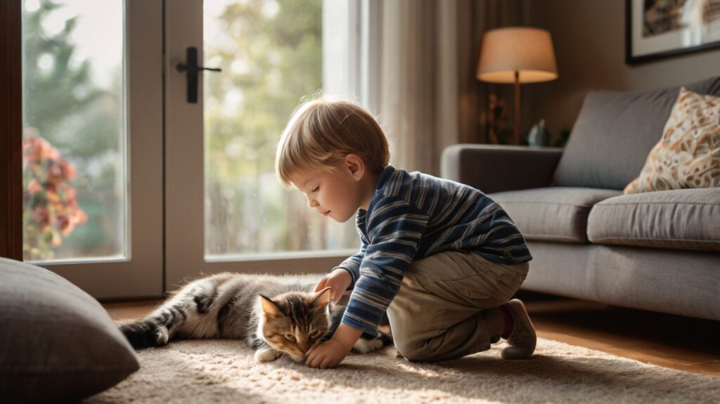 Kind spielt mit Katze – Förderung des harmonischen Zusammenlebens.